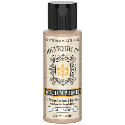 Front view of Retique It Wood'n Primer Light Wood 2-ounce sample bottle with a black cap.