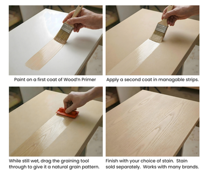 Retique It® Light Wood Universal Kit steps showing primer application, the red graining tool, and finished wood grain.