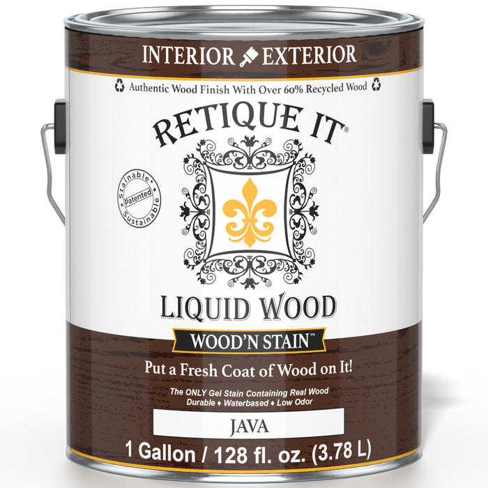 Liquid Wood Wood'n Stain by Retique It in Java color, 128 oz, showing the front label and product packaging for wood stain application.