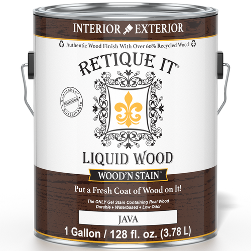 Liquid Wood Wood'n Stain by Retique It in Java color, 128 oz, showing the front label and product packaging for wood stain application.