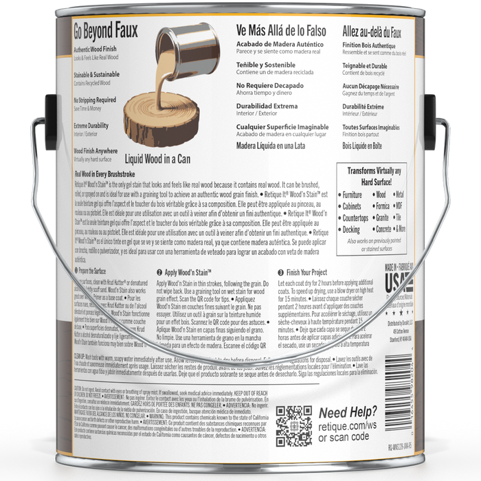 Retique It Liquid Wood Wood'n Stain in Java, 128 oz, showcasing the rich wood stain color and packaging.