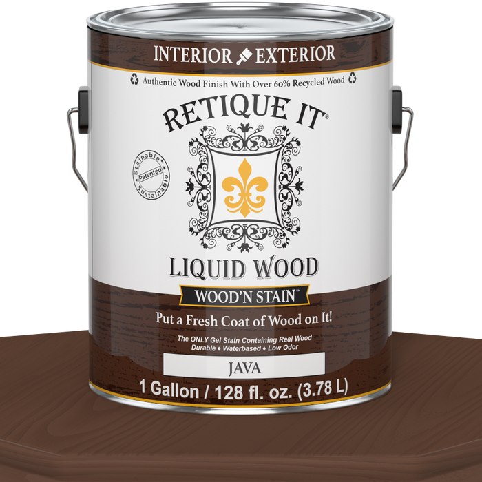 Retique It Liquid Wood Wood'n Stain in Java, 128 oz, showing the rich dark brown stain applied to wood for a natural finish.