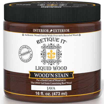 Retique It Liquid Wood Wood'n Stain in Java, 16 oz, a wood stain with rich, warm brown color for woodworking projects.