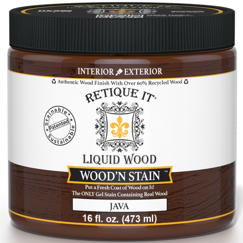 Retique It Liquid Wood Wood'n Stain in Java, 16 oz, a wood stain with rich, warm brown color for woodworking projects.