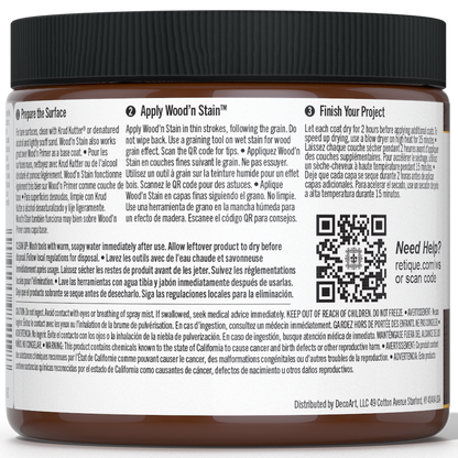 Retique It Liquid Wood Wood'n Stain in Java, 16 oz, showcasing the rich, warm wood stain color in a container with stain application tools.