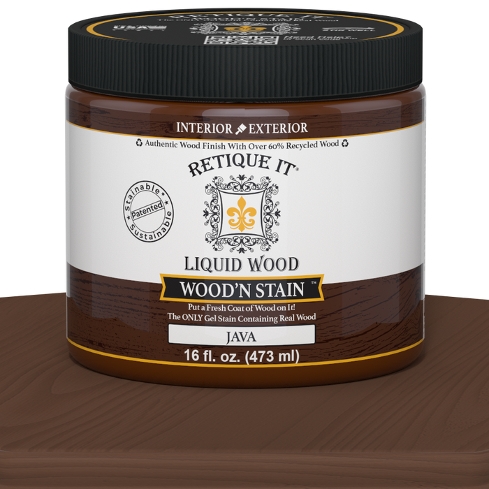 Retique It Liquid Wood Wood'n Stain in Java, 16 oz, showing the rich, dark wood stain color in a container.