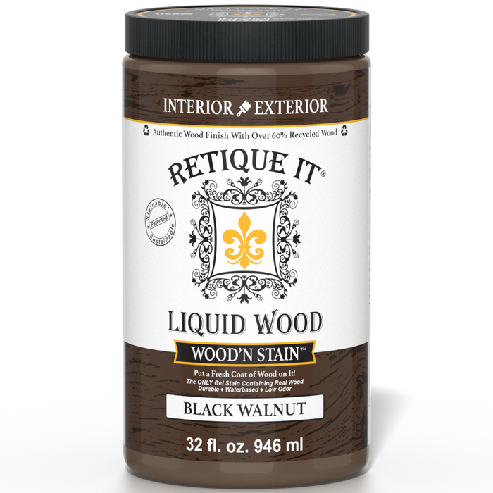 Retique It Liquid Wood Wood'n Stain in Black Walnut, 32 oz bottle, showcasing the rich, dark stain color and packaging.