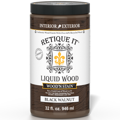 Retique It Liquid Wood Wood'n Stain in Black Walnut, 32 oz bottle, showcasing the rich, dark stain color and packaging.