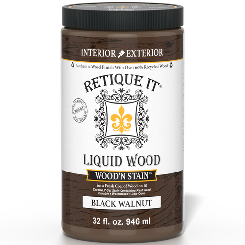 Retique It Liquid Wood Wood'n Stain in Black Walnut, 32 oz bottle, showcasing the rich, dark stain color and packaging.