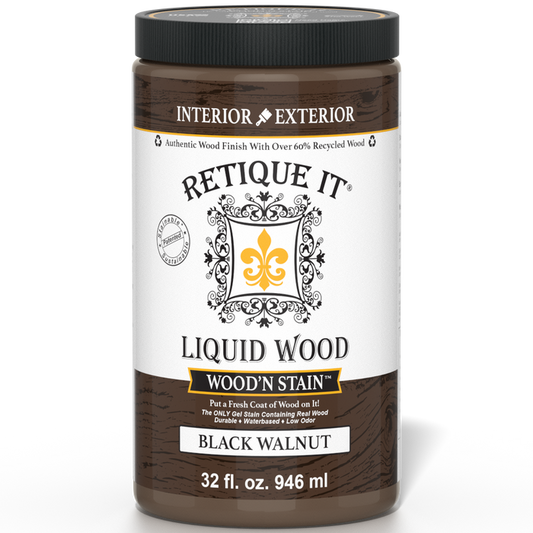 Retique It Liquid Wood Wood'n Stain in Black Walnut, 32 oz bottle, showcasing the rich, dark stain color and packaging.