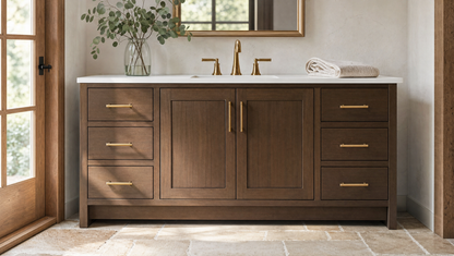A dark brown wood bathroom vanity with a white countertop, gold faucets, and brass-toned drawer pulls, shown in a styled bathroom setting with a mirror, window, and stone tile floor.