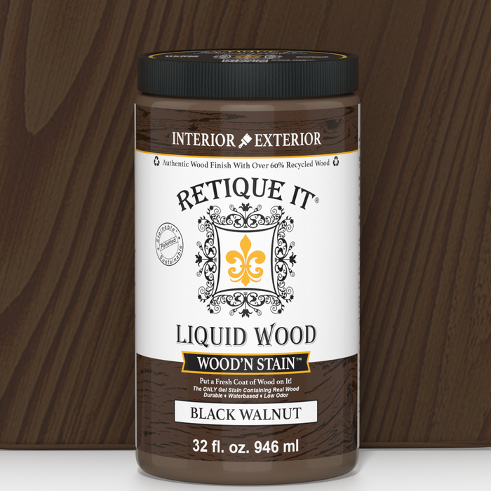 Retique It Liquid Wood Wood'n Stain in Black Walnut, 32 oz bottle, showing the dark stain color and applicator cap.