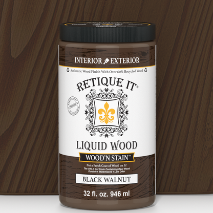 Retique It Liquid Wood Wood'n Stain in Black Walnut, 32 oz bottle, showing the dark stain color and applicator cap.