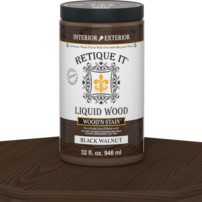 Retique It Liquid Wood Wood'n Stain in Black Walnut, 32 oz bottle, showcasing rich dark brown stain for wood finishing.