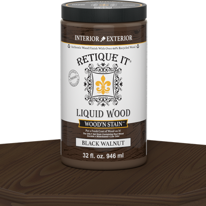 Retique It Liquid Wood Wood'n Stain in Black Walnut, 32 oz bottle, showcasing rich dark brown stain for wood finishing.