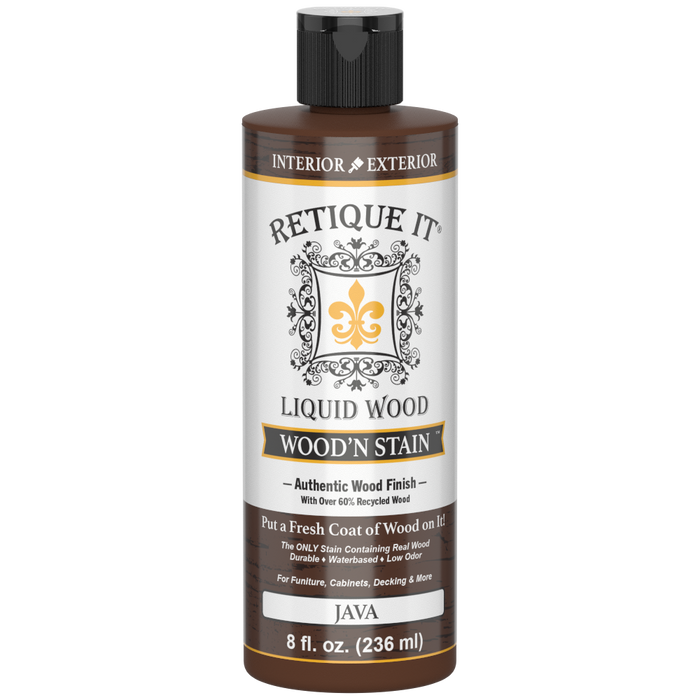 Retique It Liquid Wood Wood'n Stain in Java, 8 oz bottle, showcasing the rich brown stain suitable for wood finishing.
