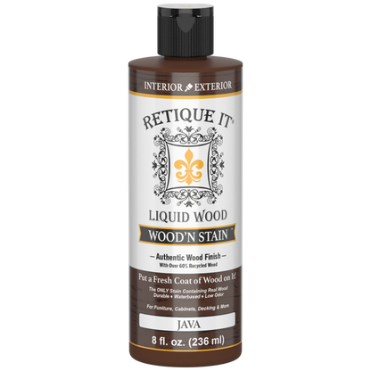 Retique It Liquid Wood Wood'n Stain in Java, 8 oz bottle, showcasing the rich brown stain suitable for wood finishing.