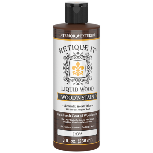 Retique It Liquid Wood Wood'n Stain in Java, 8 oz bottle, showcasing the rich brown stain suitable for wood finishing.