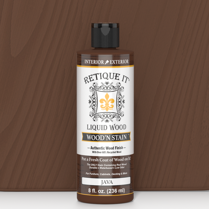Retique It Liquid Wood Wood'n Stain in Java, 8 oz bottle, showcasing the rich, warm wood stain color and packaging.