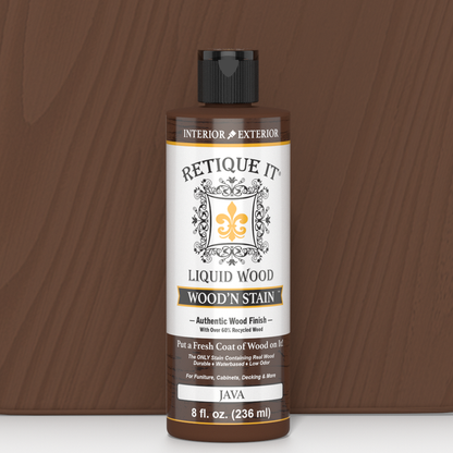 Retique It Liquid Wood Wood'n Stain in Java, 8 oz bottle, showcasing the rich, warm wood stain color and packaging.