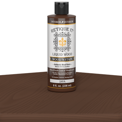 Retique It Liquid Wood Wood'n Stain in Java color, 8 oz bottle, showcasing the rich wood stain product with a natural wood finish.