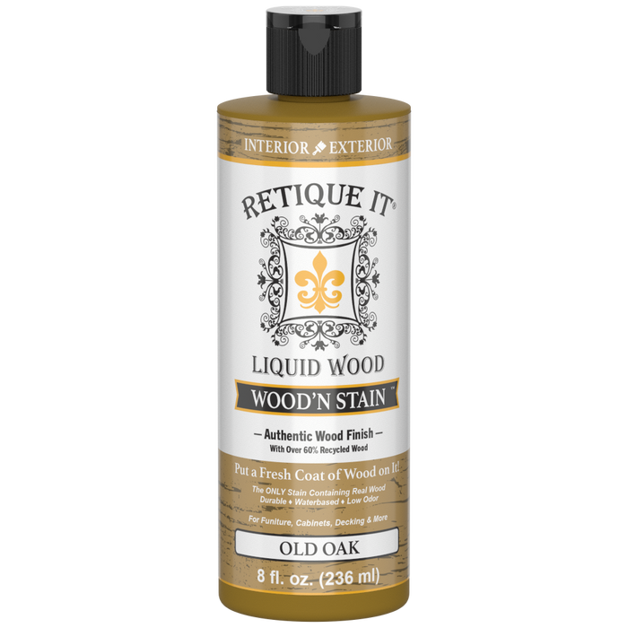 Retique It Liquid Wood Wood'n Stain in Old Oak, 8 oz bottle, showing the stain's rich oak color and smooth liquid consistency.