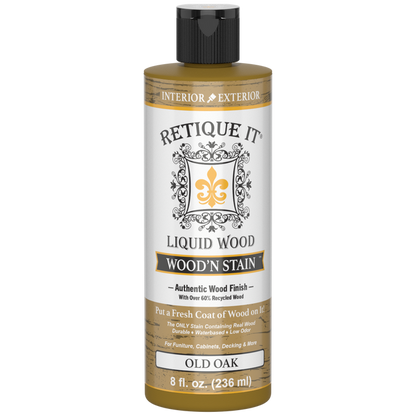 Retique It Liquid Wood Wood'n Stain in Old Oak, 8 oz bottle, showing the stain's rich oak color and smooth liquid consistency.