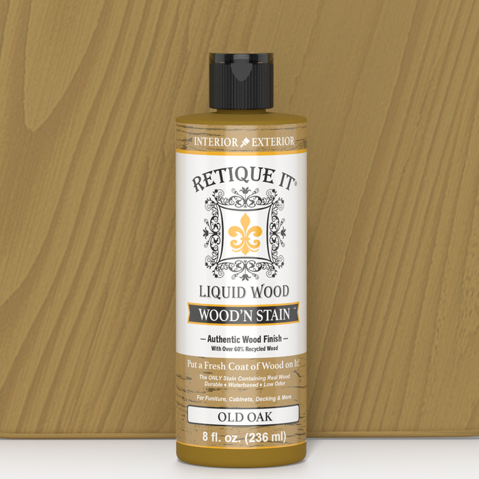 Retique It Liquid Wood Wood'n Stain in Old Oak color, 8 oz bottle, showcasing the stain's rich wood finish and packaging.