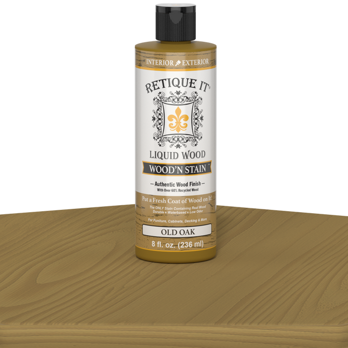 Retique It Liquid Wood Wood'n Stain in Old Oak, 8 oz bottle, showcasing the stain's rich wood finish and natural oak color.