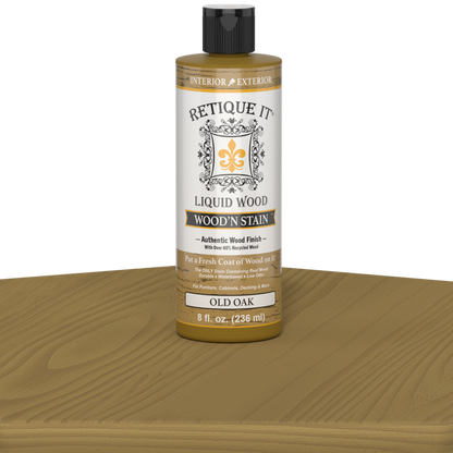 Retique It Liquid Wood Wood'n Stain in Old Oak, 8 oz bottle, showcasing the stain's rich wood finish and natural oak color.