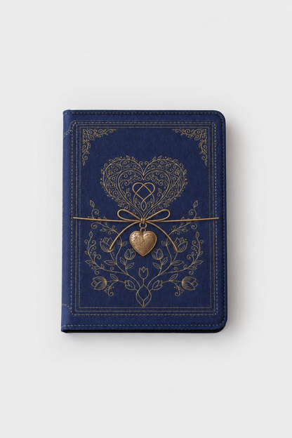 A dark blue notebook or journal with gold embossed floral and heart designs, tied with a thin gold string and a small heart-shaped charm, shown on a light gray background.