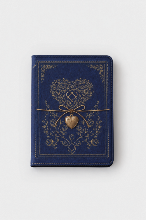 A dark blue notebook or journal with gold embossed floral and heart designs, tied with a thin gold string and a small heart-shaped charm, shown on a light gray background.