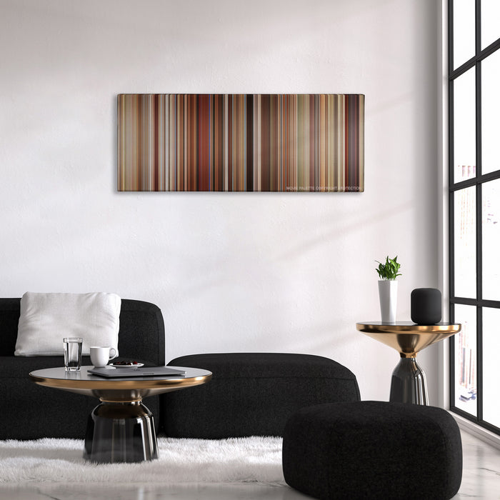 Love, Simon color palette canvas above a black sofa with a gold-topped table