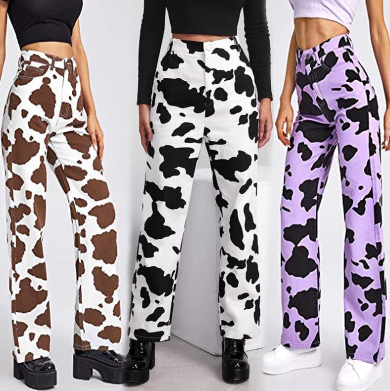 Women Cow Print Loose Straight High Waist Casual Straight Jeans