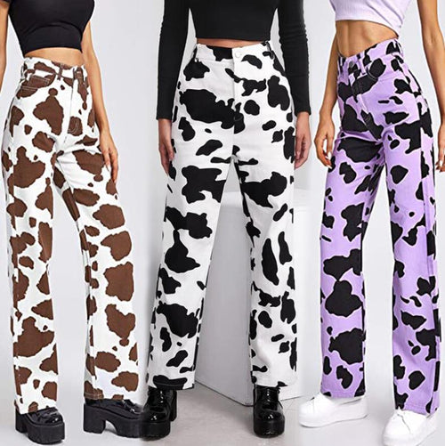 Women Cow Print Loose Straight High Waist Casual Straight Jeans