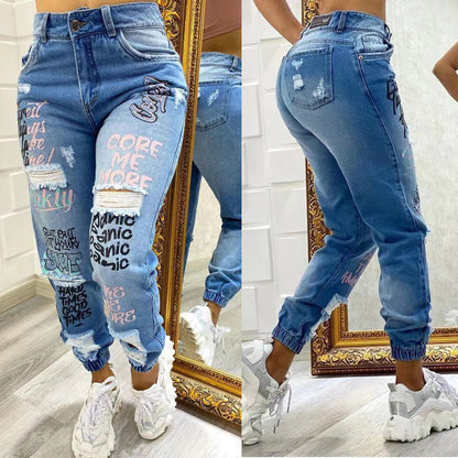 Women'S Fashion Casual Letter Printing Ripped Jeans