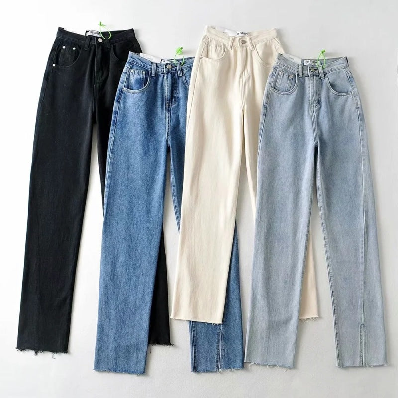 Women Fashion Casual Solid Color Defined Waist Denim Jeans