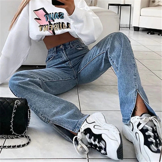 Women Fashion Casual Solid Color Front Split Defined Waist Denim Jeans