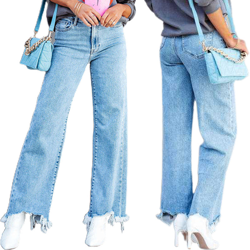 Women Fashion Casual Fringe Straight Jeans