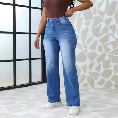 Women Fashion Casual High Waist Straight Jeans