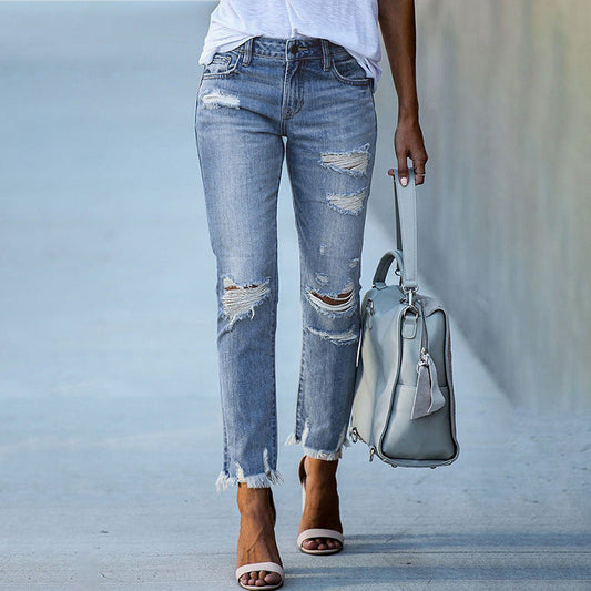 Women Fashion Casual Ripped Slim Mid-Waist Stretchy Skinny Ripped Jeans