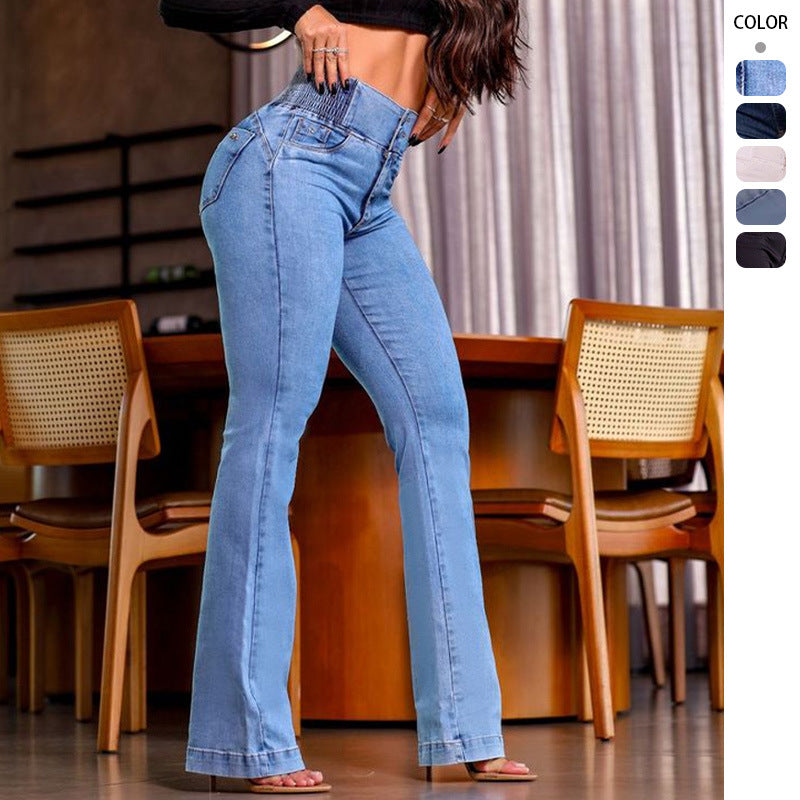 Women Fashion Casual Solid Color High Waist Button Slim-Fit Jeans