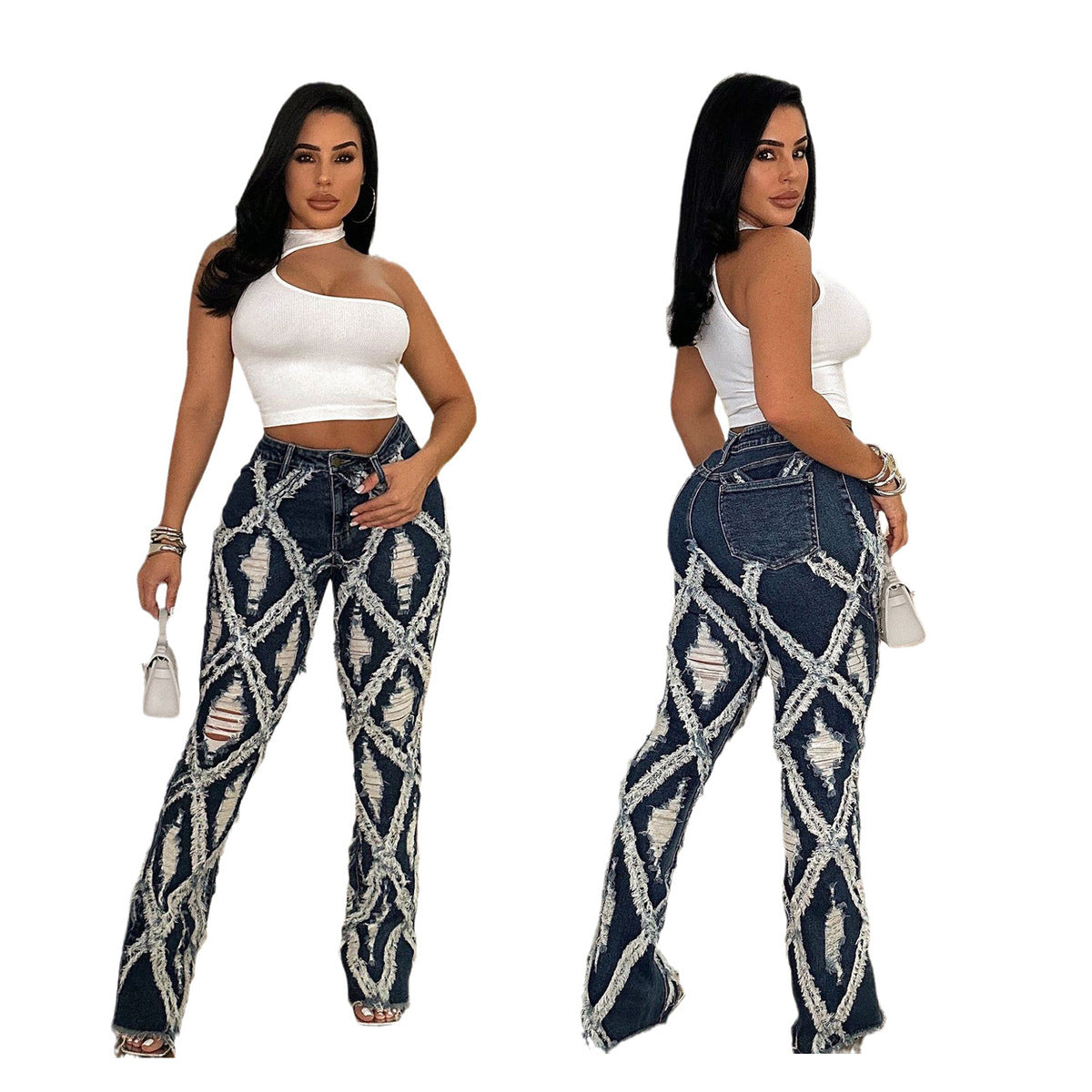 Women Fashion Casual Plaid Loose Micro-Flared Jeans