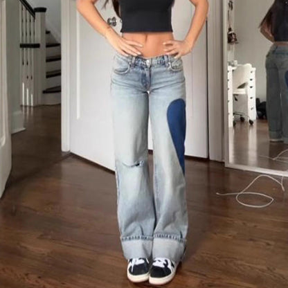 Women Fashion Casual Side Seam Heart Low Waist Straight Jeans