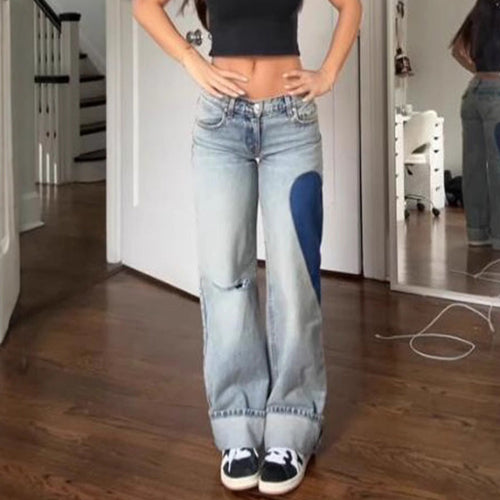 Women Fashion Casual Side Seam Heart Low Waist Straight Jeans