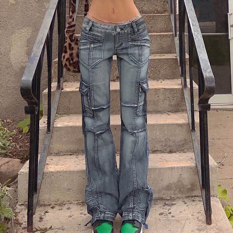 Women Vintage Low Waisted Patchwork Pockets Casual Jeans Cargo Pants
