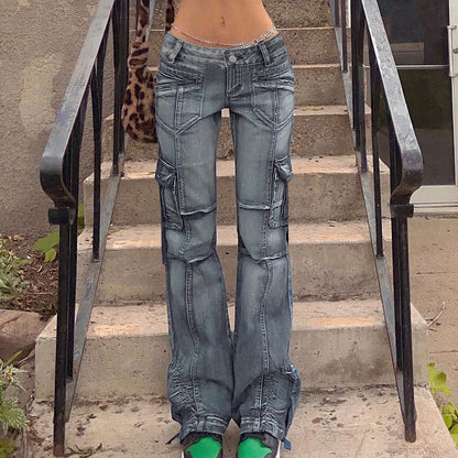 Women Vintage Low Waisted Patchwork Pockets Casual Jeans Cargo Pants