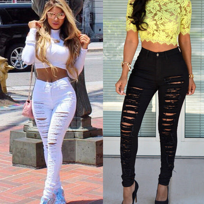 Women Casual Tight Hole Stretch Skinny Ripped Jeans