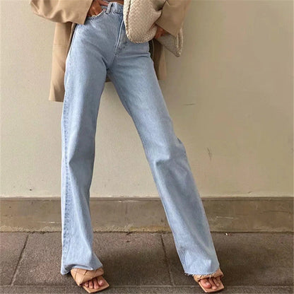 Women Casual Edgy Raw Hem Solid Color High Waist Loose Straight Jeans