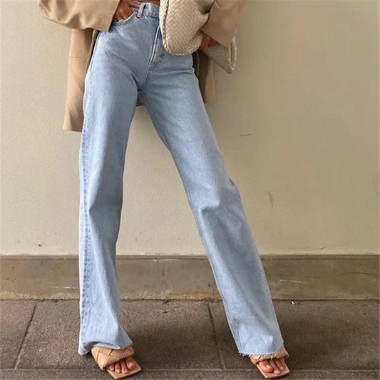 Women Casual Edgy Raw Hem Solid Color High Waist Loose Straight Jeans